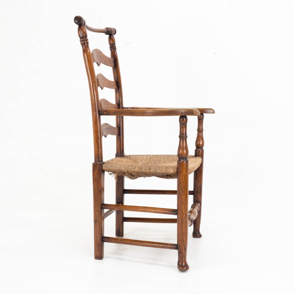 C19th Macclesfield Elm & Ash Country Ladderback Rush Seat Carver Armchair View V
