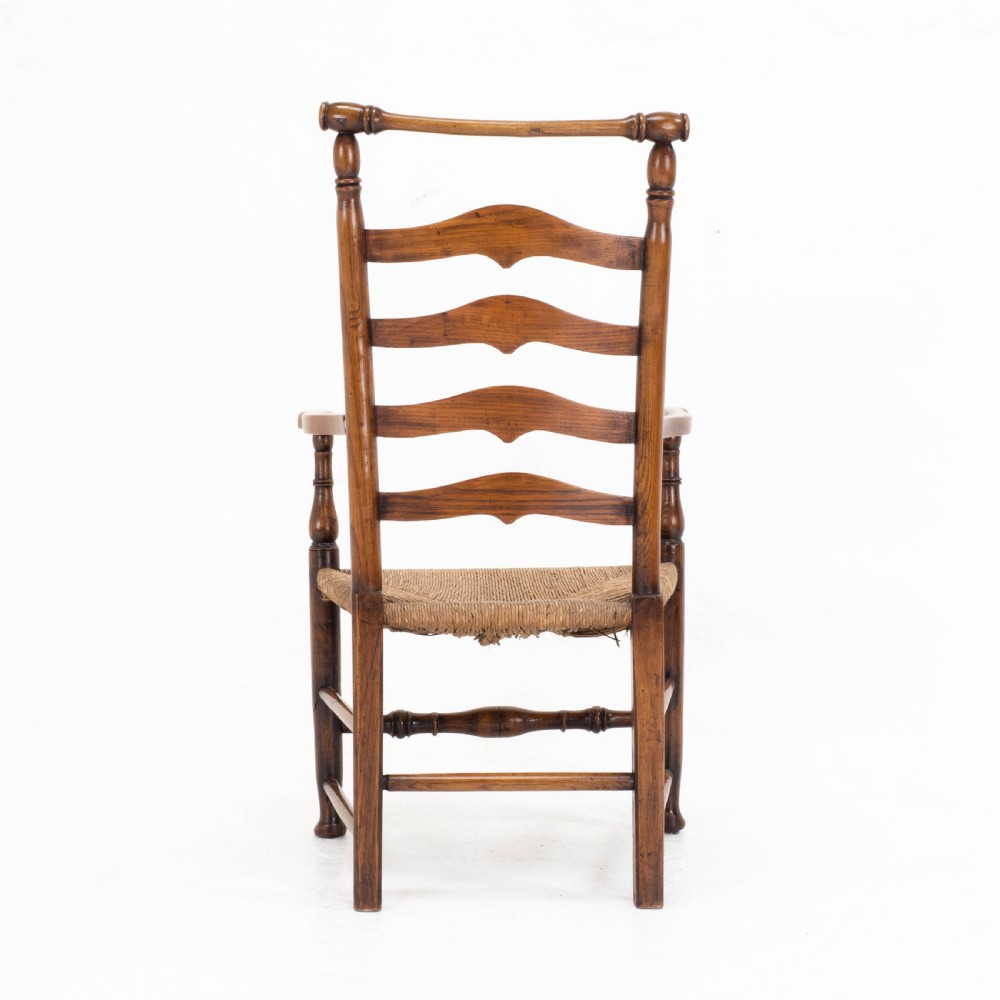 C19th Macclesfield Elm & Ash Country Ladderback Rush Seat Carver Armchair View VI