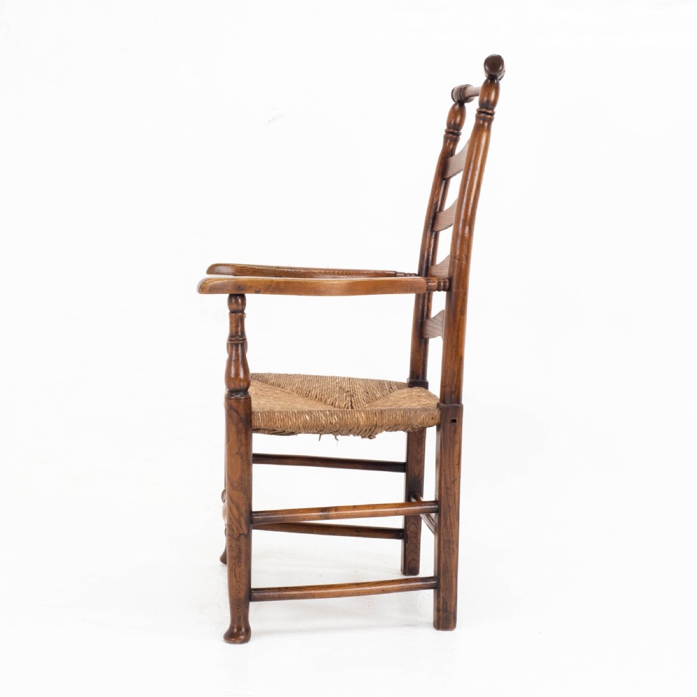 C19th Macclesfield Elm & Ash Country Ladderback Rush Seat Carver Armchair View VII