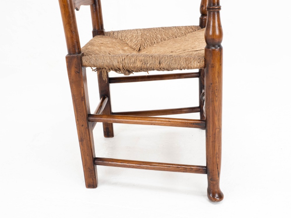C19th Macclesfield Elm & Ash Country Ladderback Rush Seat Carver Armchair View IX