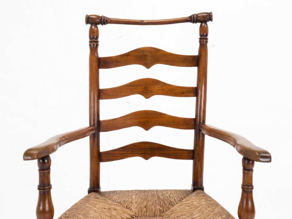 C19th Macclesfield Elm & Ash Country Ladderback Rush Seat Carver Armchair View XI