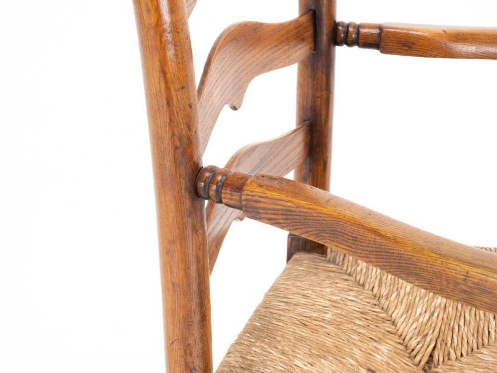 C19th Macclesfield Elm & Ash Country Ladderback Rush Seat Carver Armchair View XV
