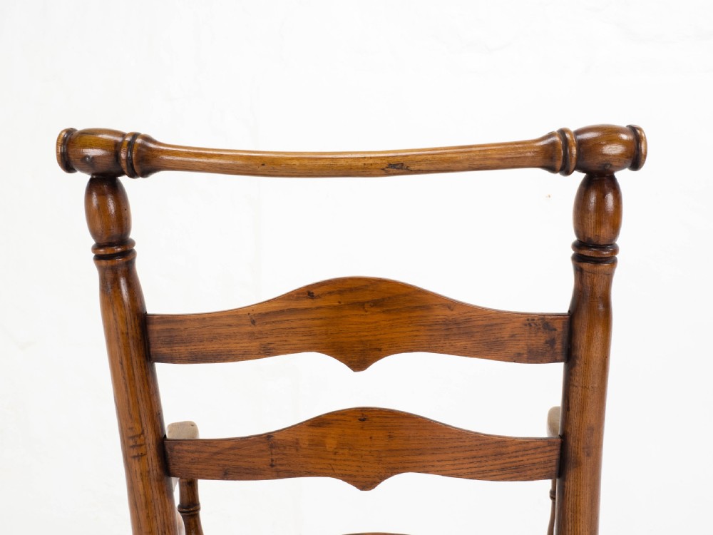 C19th Macclesfield Elm & Ash Country Ladderback Rush Seat Carver Armchair View XVI