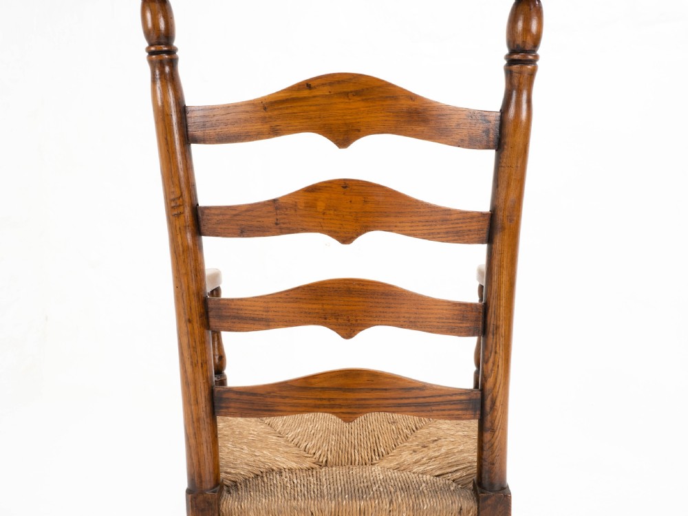 C19th Macclesfield Elm & Ash Country Ladderback Rush Seat Carver Armchair View XVII