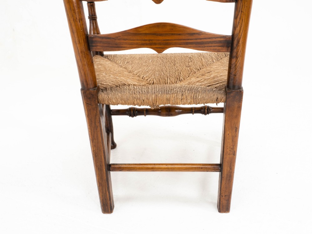 C19th Macclesfield Elm & Ash Country Ladderback Rush Seat Carver Armchair View XVIII