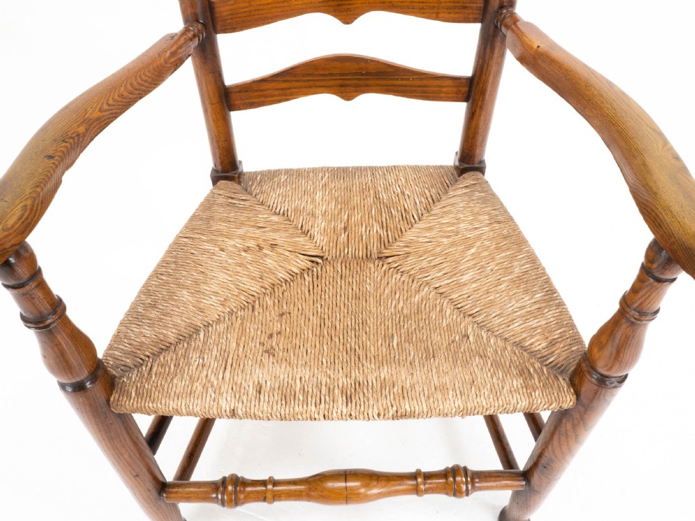 C19th Macclesfield Elm & Ash Country Ladderback Rush Seat Carver Armchair View XIX