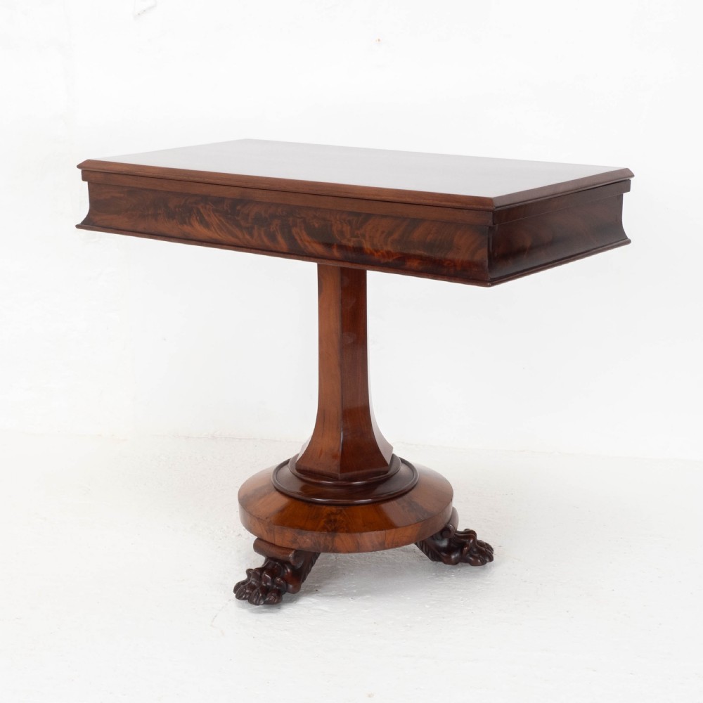 William IV Flame Mahogany Pedestal Console Fold-Over Tea Table Claw Feet C1835 View II