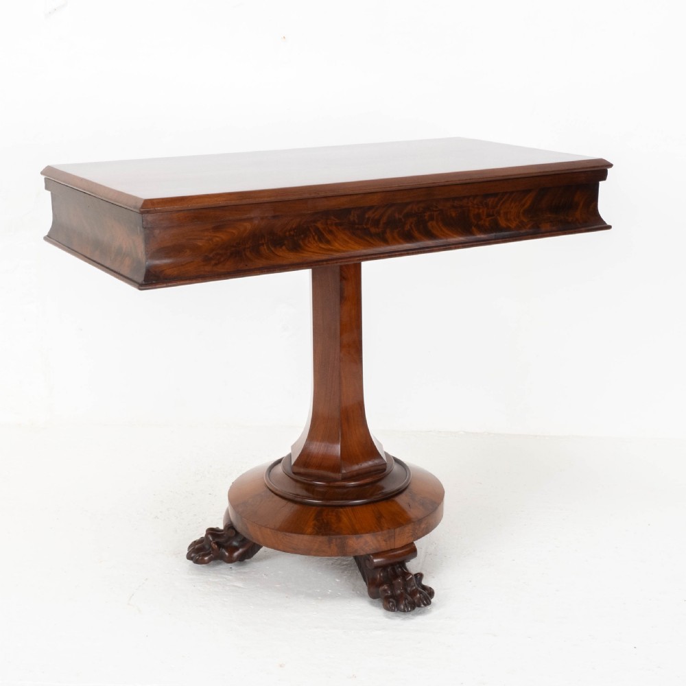 William IV Flame Mahogany Pedestal Console Fold-Over Tea Table Claw Feet C1835 View III