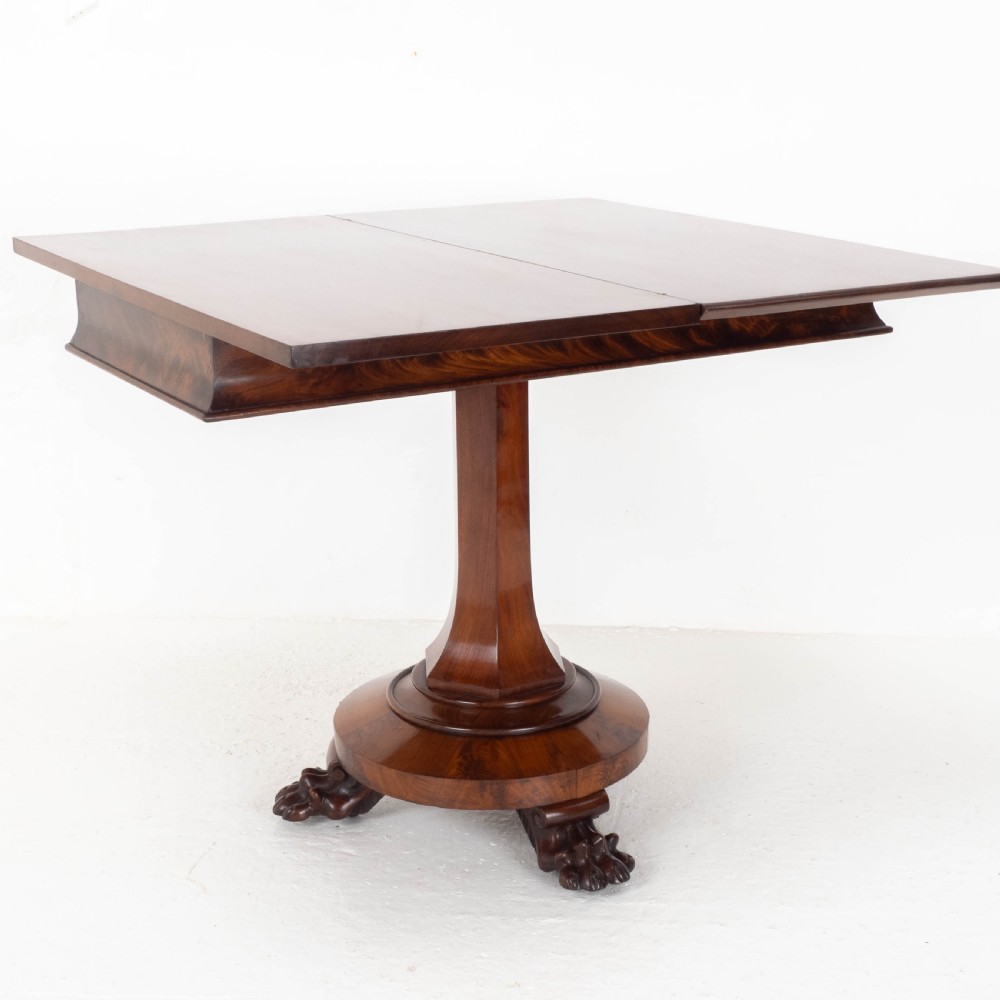 William IV Flame Mahogany Pedestal Console Fold-Over Tea Table Claw Feet C1835 View IV