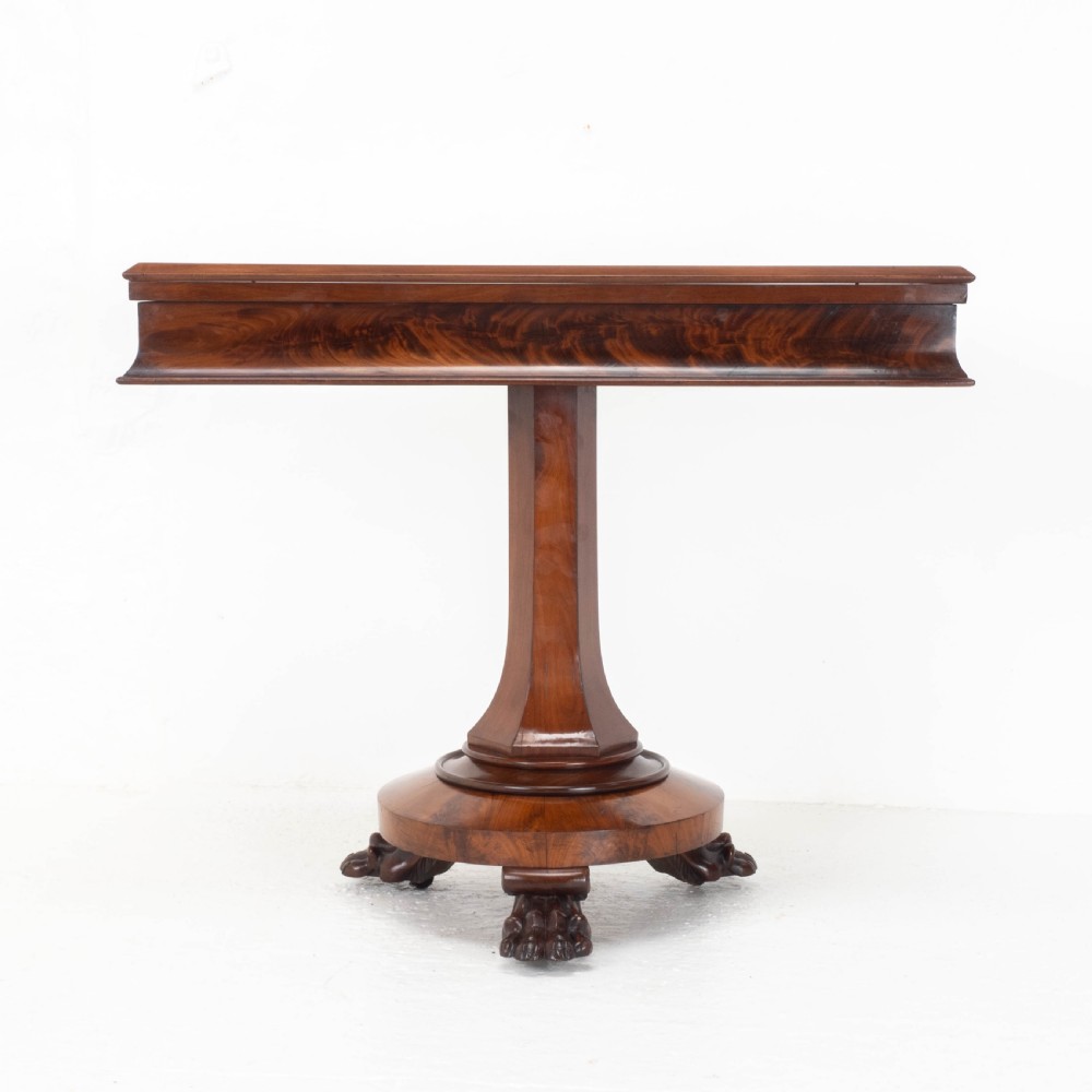 William IV Flame Mahogany Pedestal Console Fold-Over Tea Table Claw Feet C1835 View V