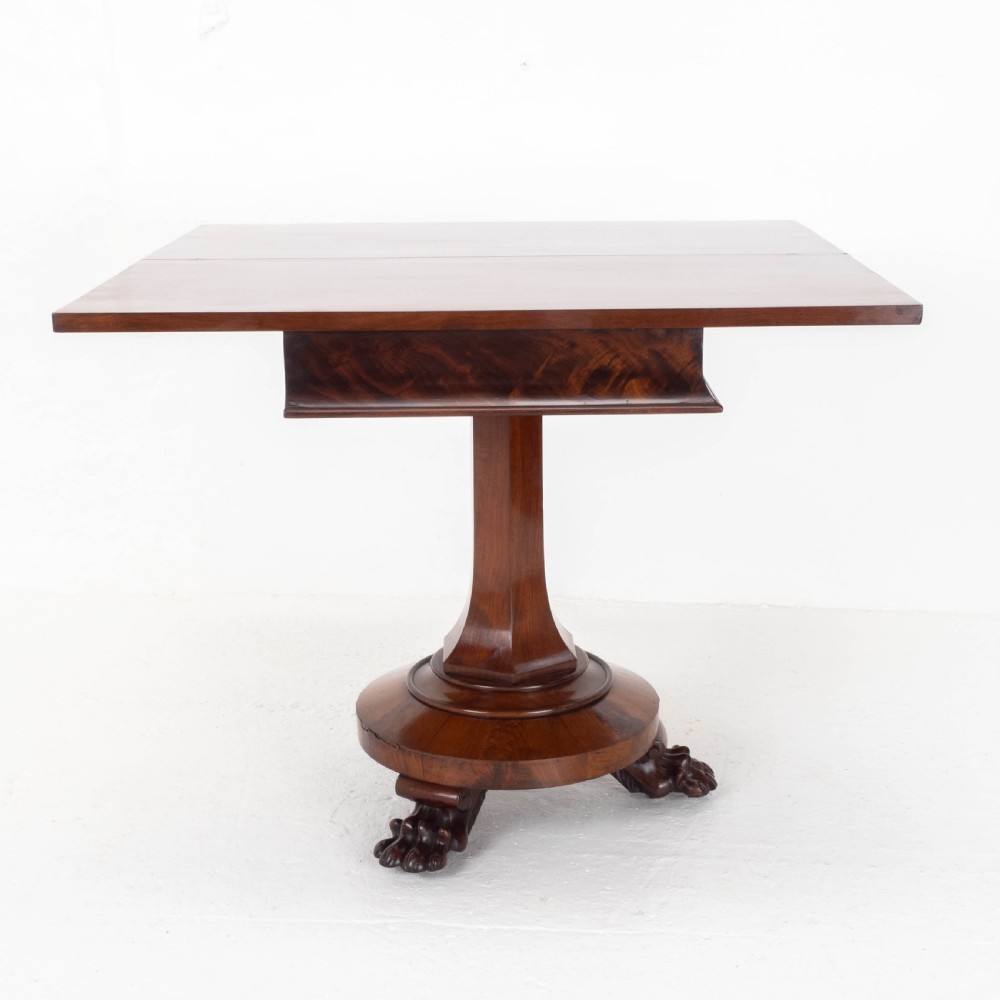 William IV Flame Mahogany Pedestal Console Fold-Over Tea Table Claw Feet C1835 View VIII