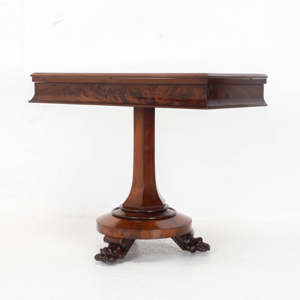William IV Flame Mahogany Pedestal Console Fold-Over Tea Table Claw Feet C1835 View IX