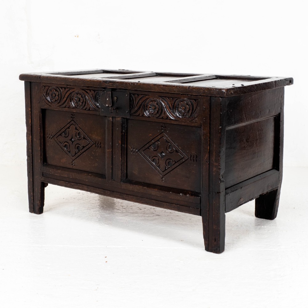 Late C17th Carolean Small Dark Oak Panelled Coffer (Charles II, Jacobean)