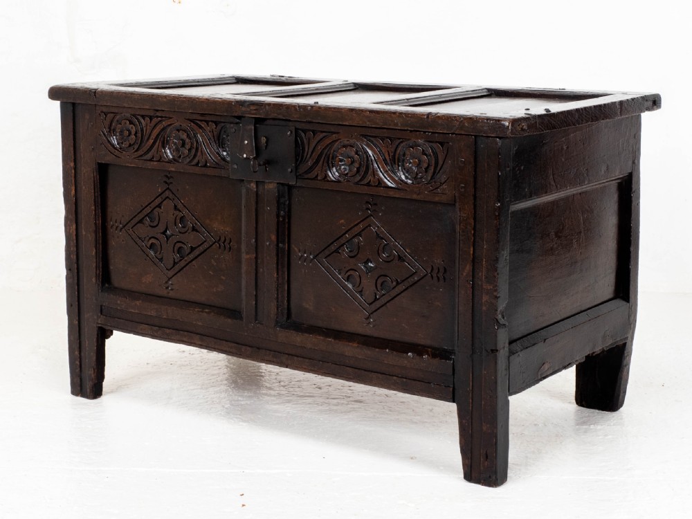 Late C17th Carolean Small Dark Oak Panelled Coffer (Charles II, Jacobean) View II