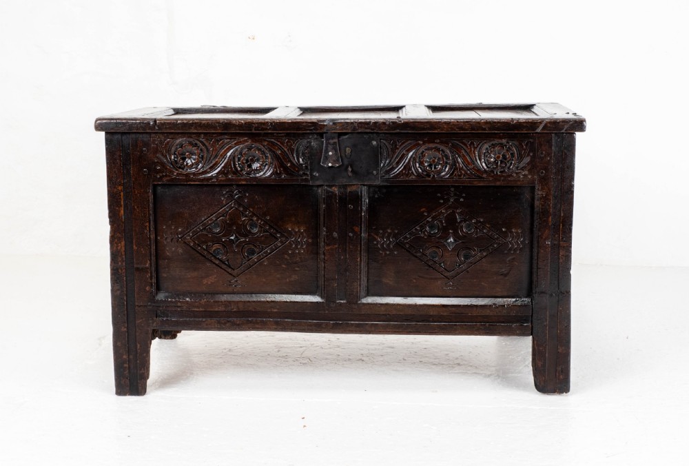 Late C17th Carolean Small Dark Oak Panelled Coffer (Charles II, Jacobean) View III