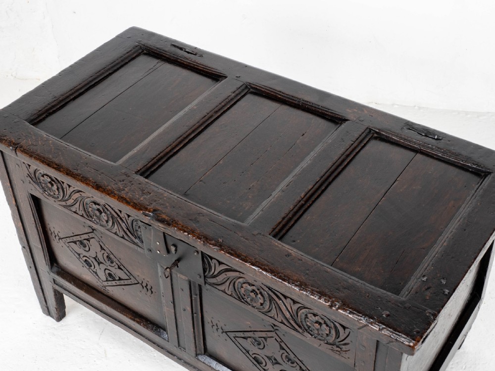 Late C17th Carolean Small Dark Oak Panelled Coffer (Charles II, Jacobean) View XIV
