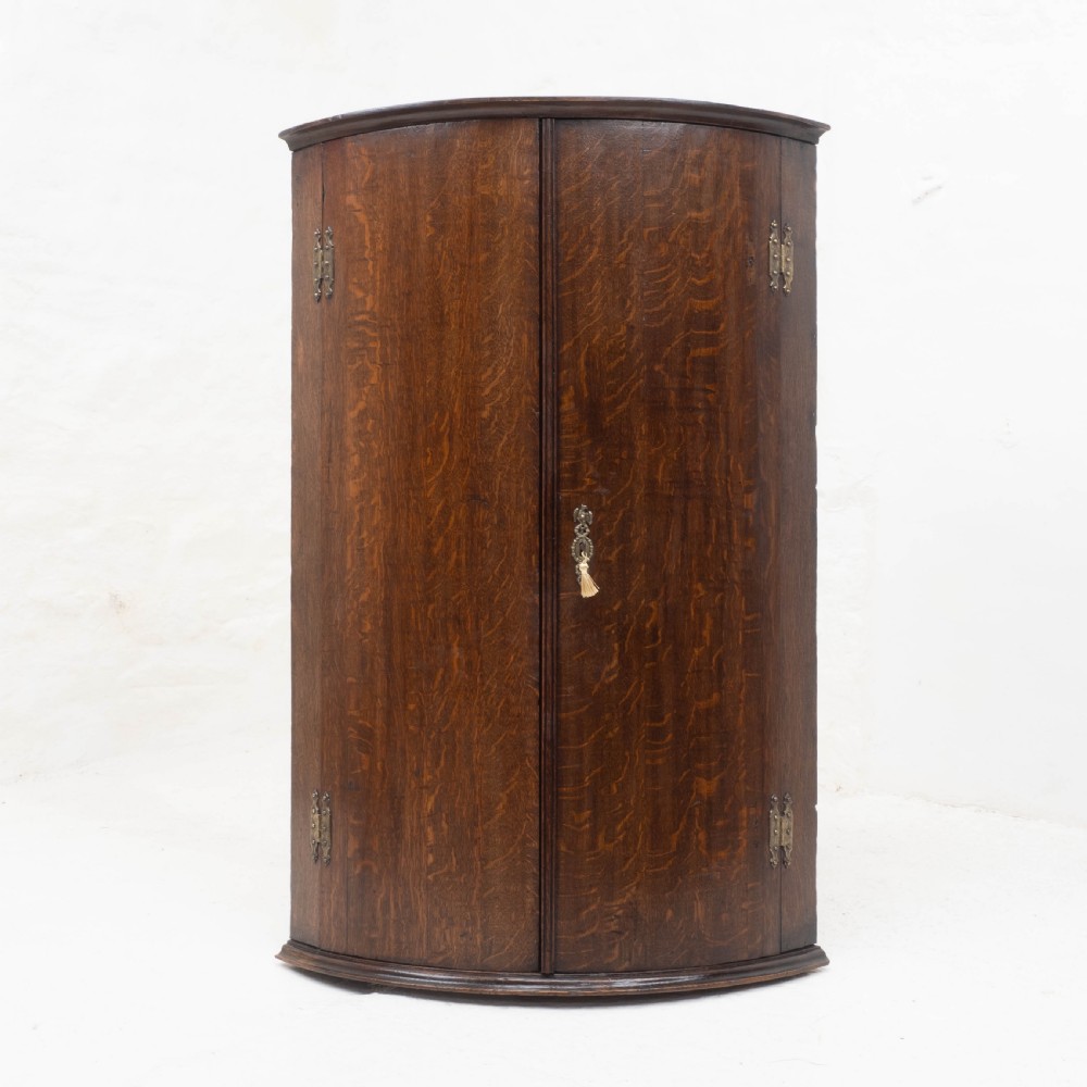 George III Oak Bow Front Wall Hanging Corner Cabinet (Georgian) View II