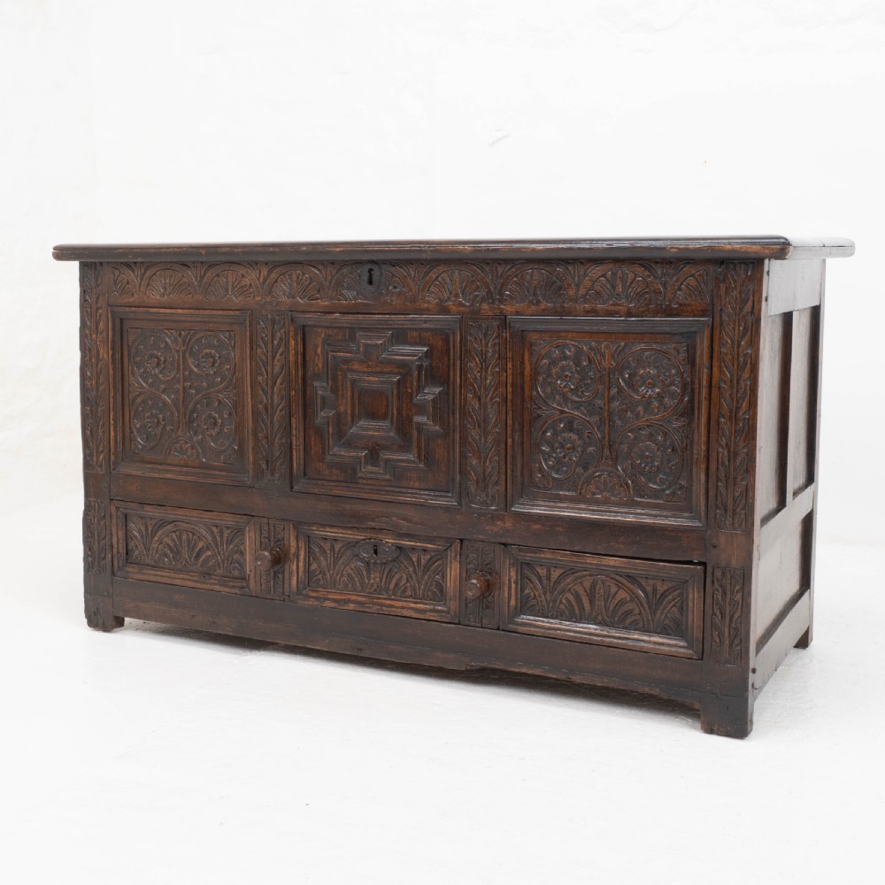 Carolean C17th & Later Carved Dark Oak Carved Mule Chest (Coffer Kist Jacobean)
