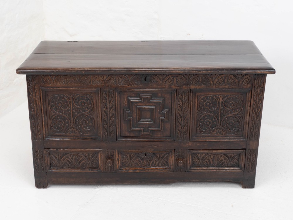 Carolean C17th & Later Carved Dark Oak Carved Mule Chest (Coffer Kist Jacobean) View II