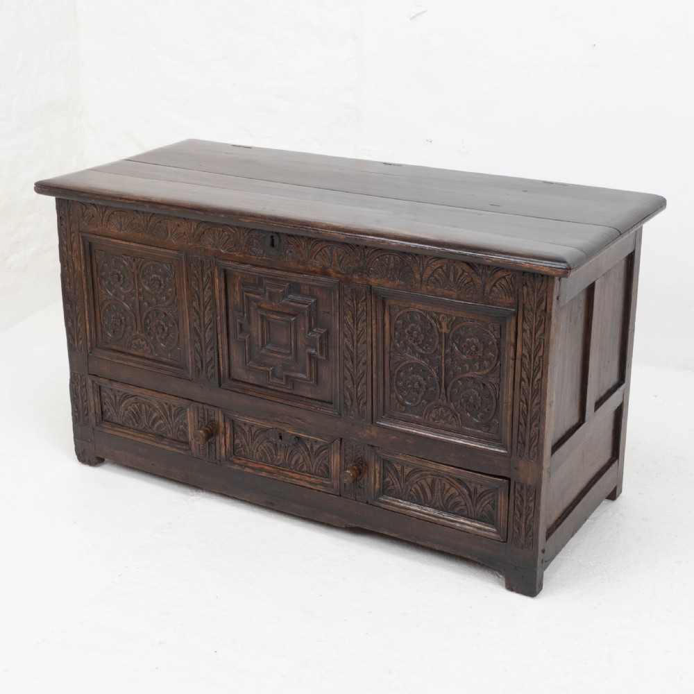 Carolean C17th & Later Carved Dark Oak Carved Mule Chest (Coffer Kist Jacobean) View III