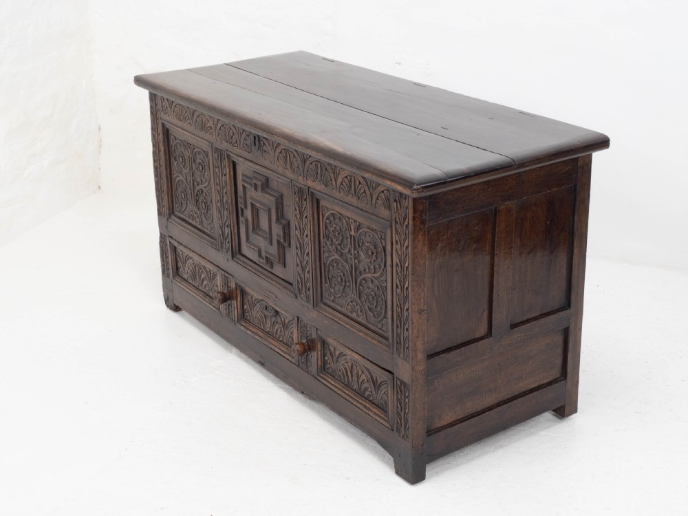 Carolean C17th & Later Carved Dark Oak Carved Mule Chest (Coffer Kist Jacobean) View IV