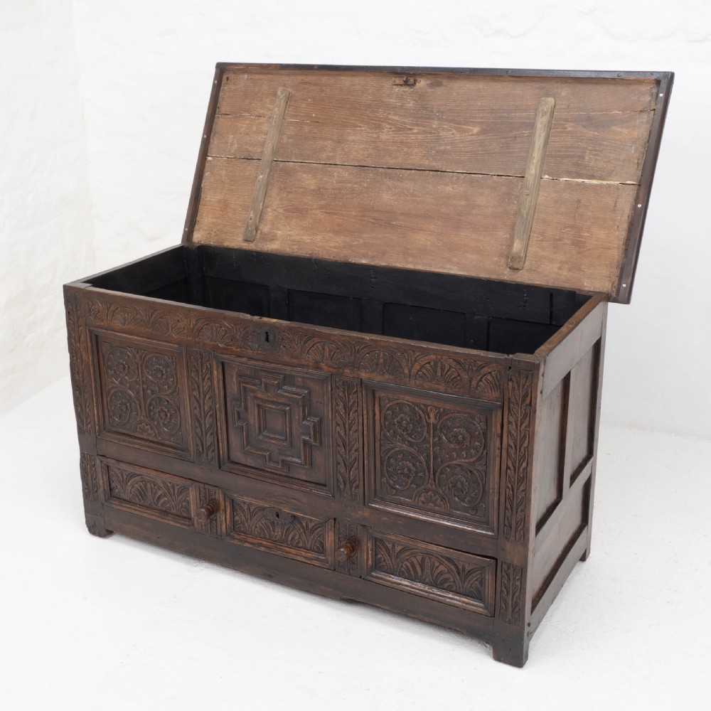 Carolean C17th & Later Carved Dark Oak Carved Mule Chest (Coffer Kist Jacobean) View V