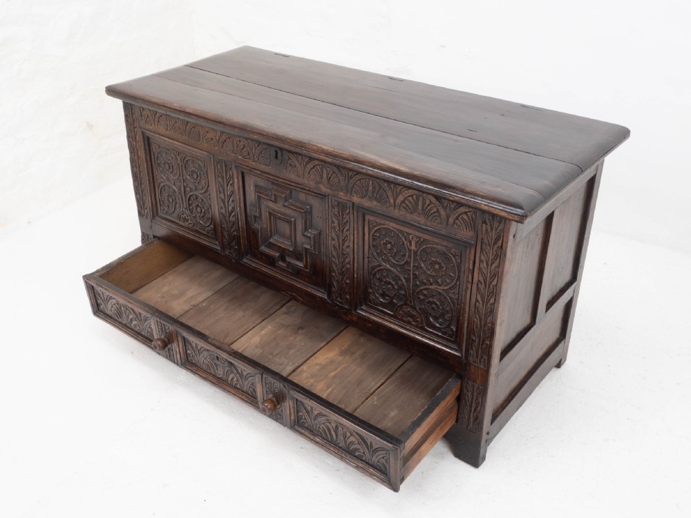 Carolean C17th & Later Carved Dark Oak Carved Mule Chest (Coffer Kist Jacobean) View VI