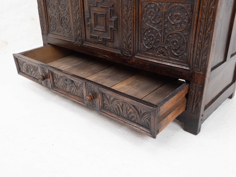 Carolean C17th & Later Carved Dark Oak Carved Mule Chest (Coffer Kist Jacobean) View VII