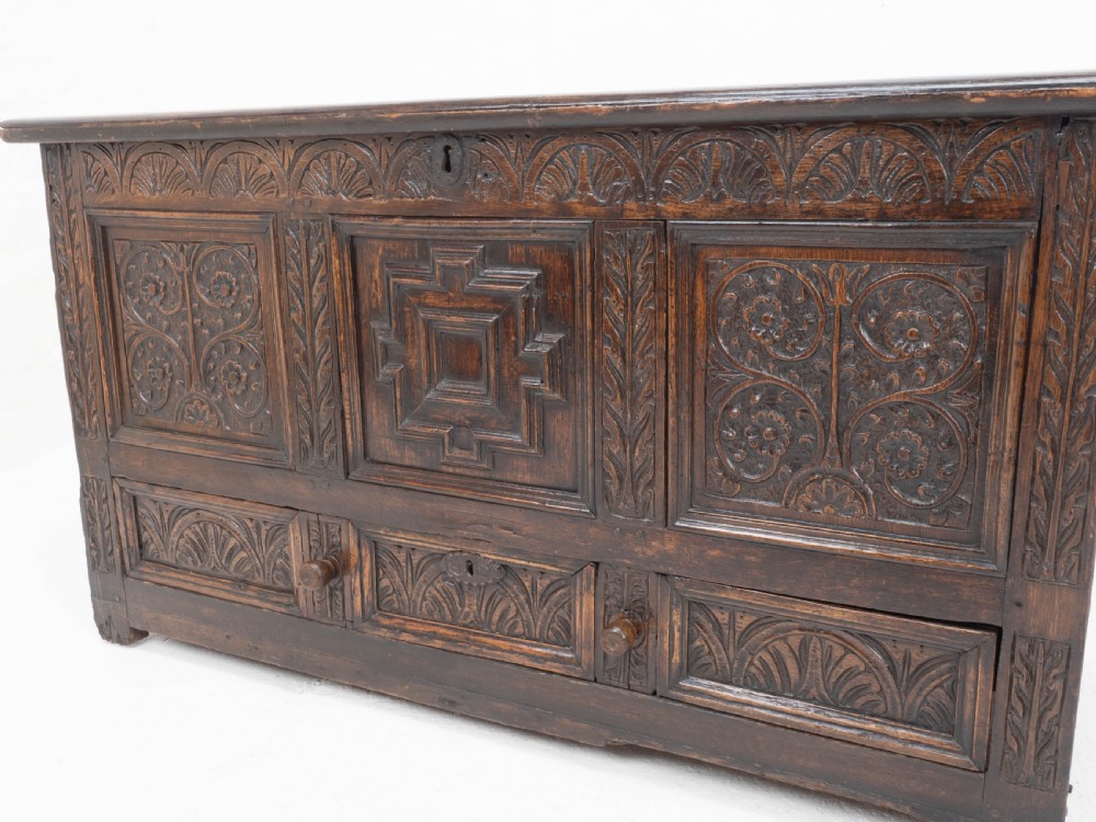 Carolean C17th & Later Carved Dark Oak Carved Mule Chest (Coffer Kist Jacobean) View IX