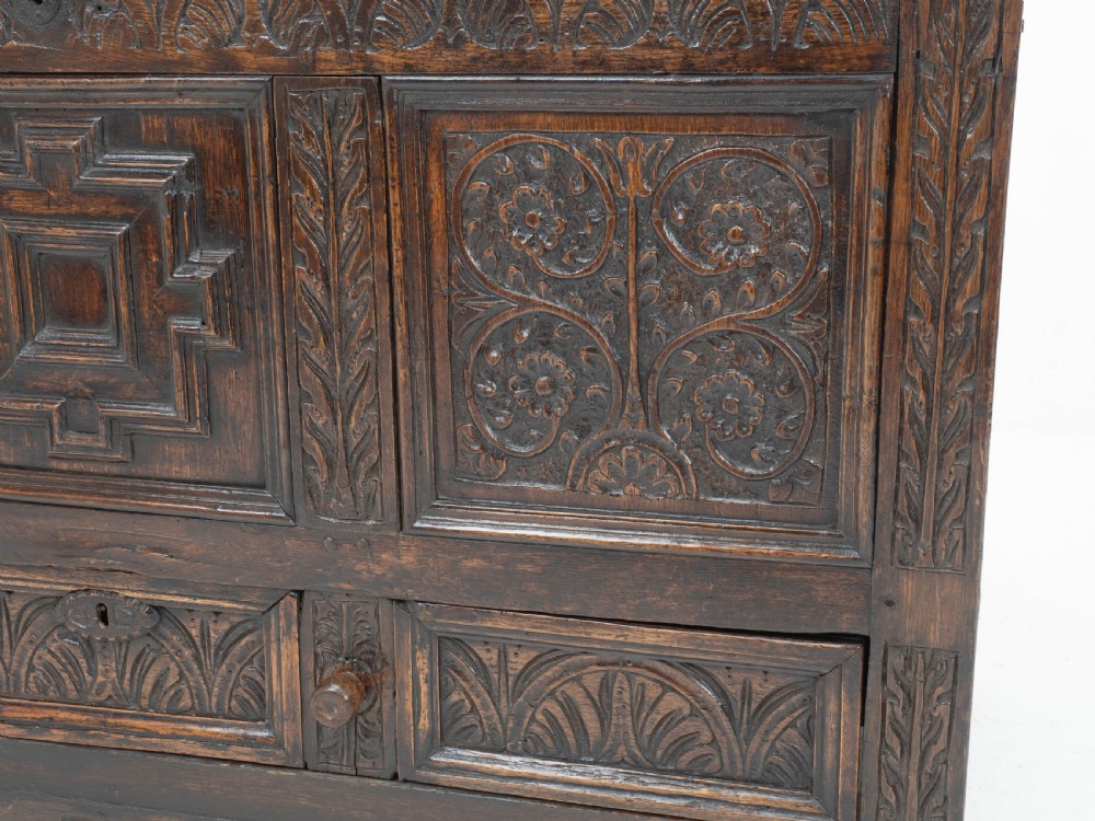 Carolean C17th & Later Carved Dark Oak Carved Mule Chest (Coffer Kist Jacobean) View X