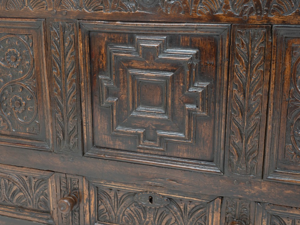 Carolean C17th & Later Carved Dark Oak Carved Mule Chest (Coffer Kist Jacobean) View XI