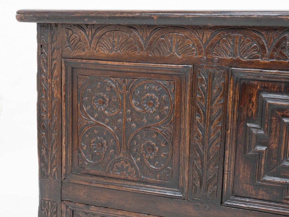 Carolean C17th & Later Carved Dark Oak Carved Mule Chest (Coffer Kist Jacobean) View XII