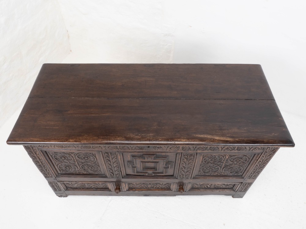 Carolean C17th & Later Carved Dark Oak Carved Mule Chest (Coffer Kist Jacobean) View XV