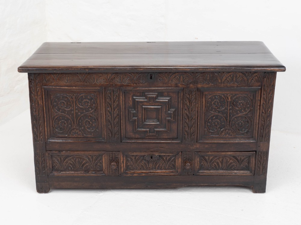 Carolean C17th & Later Carved Dark Oak Carved Mule Chest (Coffer Kist Jacobean) View XVI