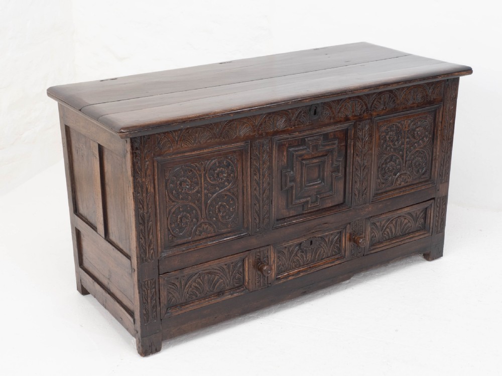 Carolean C17th & Later Carved Dark Oak Carved Mule Chest (Coffer Kist Jacobean) View XVII