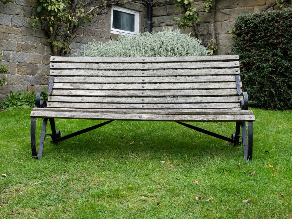 Regency Style C19th Iron Strapwork & Wooden Slatted Garden Bench View III