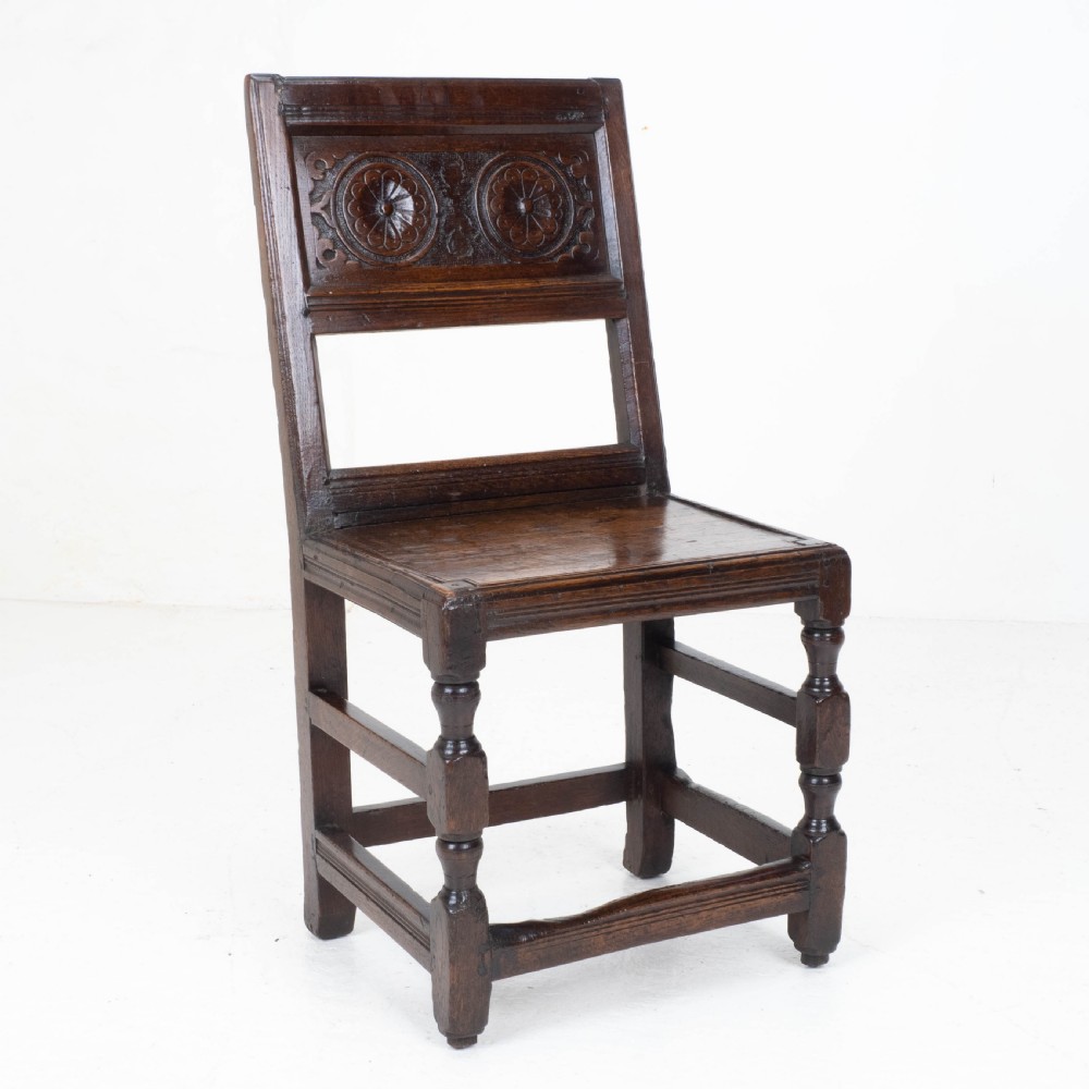 Charles I Early/Mid C17th Dark Oak Carved Panelled Back Stool / Chair (Carolean)