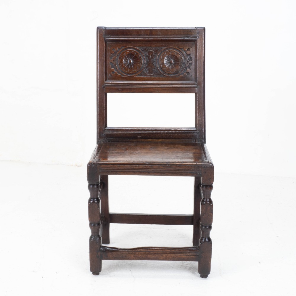 Charles I Early/Mid C17th Dark Oak Carved Panelled Back Stool / Chair (Carolean) View II