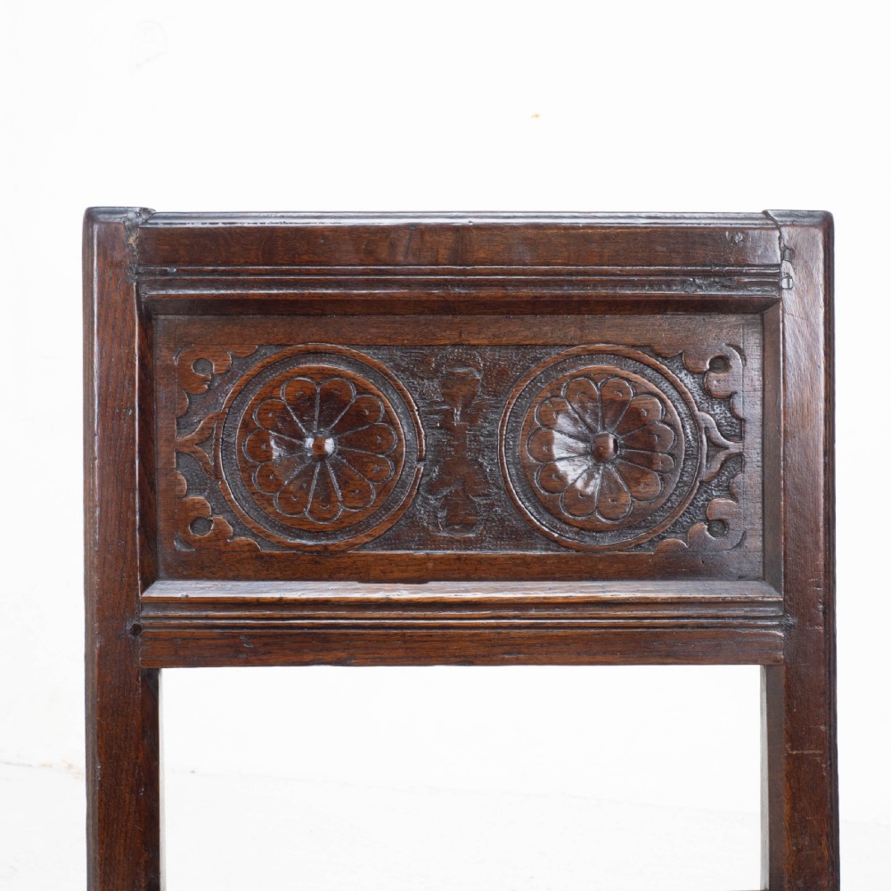 Charles I Early/Mid C17th Dark Oak Carved Panelled Back Stool / Chair (Carolean) View III