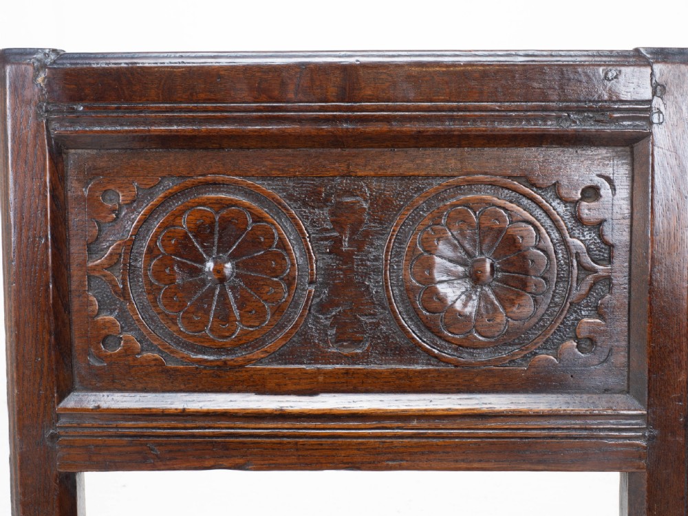 Charles I Early/Mid C17th Dark Oak Carved Panelled Back Stool / Chair (Carolean) View IV