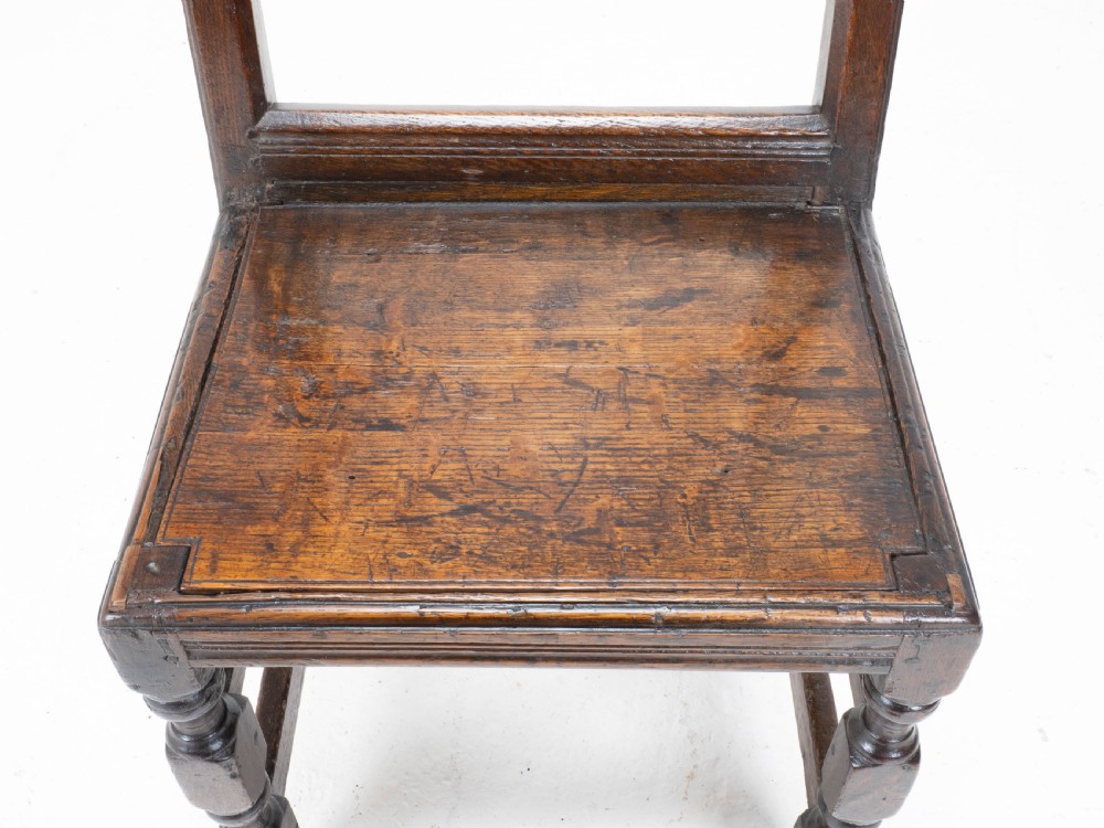 Charles I Early/Mid C17th Dark Oak Carved Panelled Back Stool / Chair (Carolean) View VI