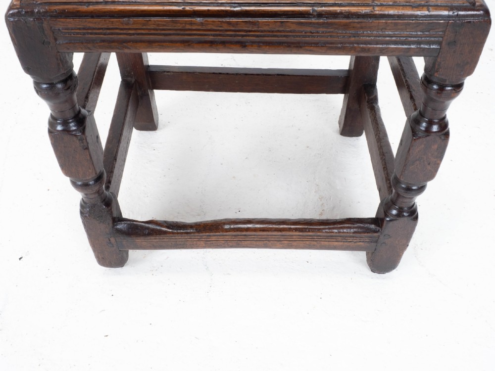 Charles I Early/Mid C17th Dark Oak Carved Panelled Back Stool / Chair (Carolean) View VII