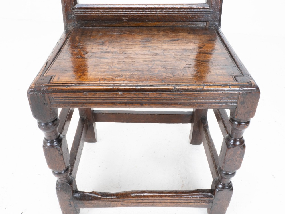 Charles I Early/Mid C17th Dark Oak Carved Panelled Back Stool / Chair (Carolean) View VIII