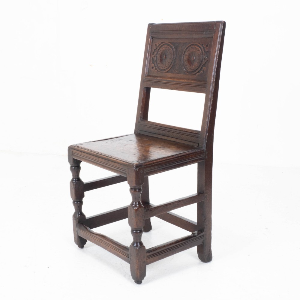 Charles I Early/Mid C17th Dark Oak Carved Panelled Back Stool / Chair (Carolean) View X