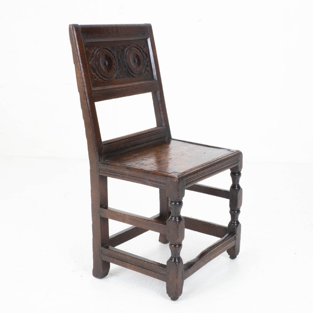 Charles I Early/Mid C17th Dark Oak Carved Panelled Back Stool / Chair (Carolean) View XVII