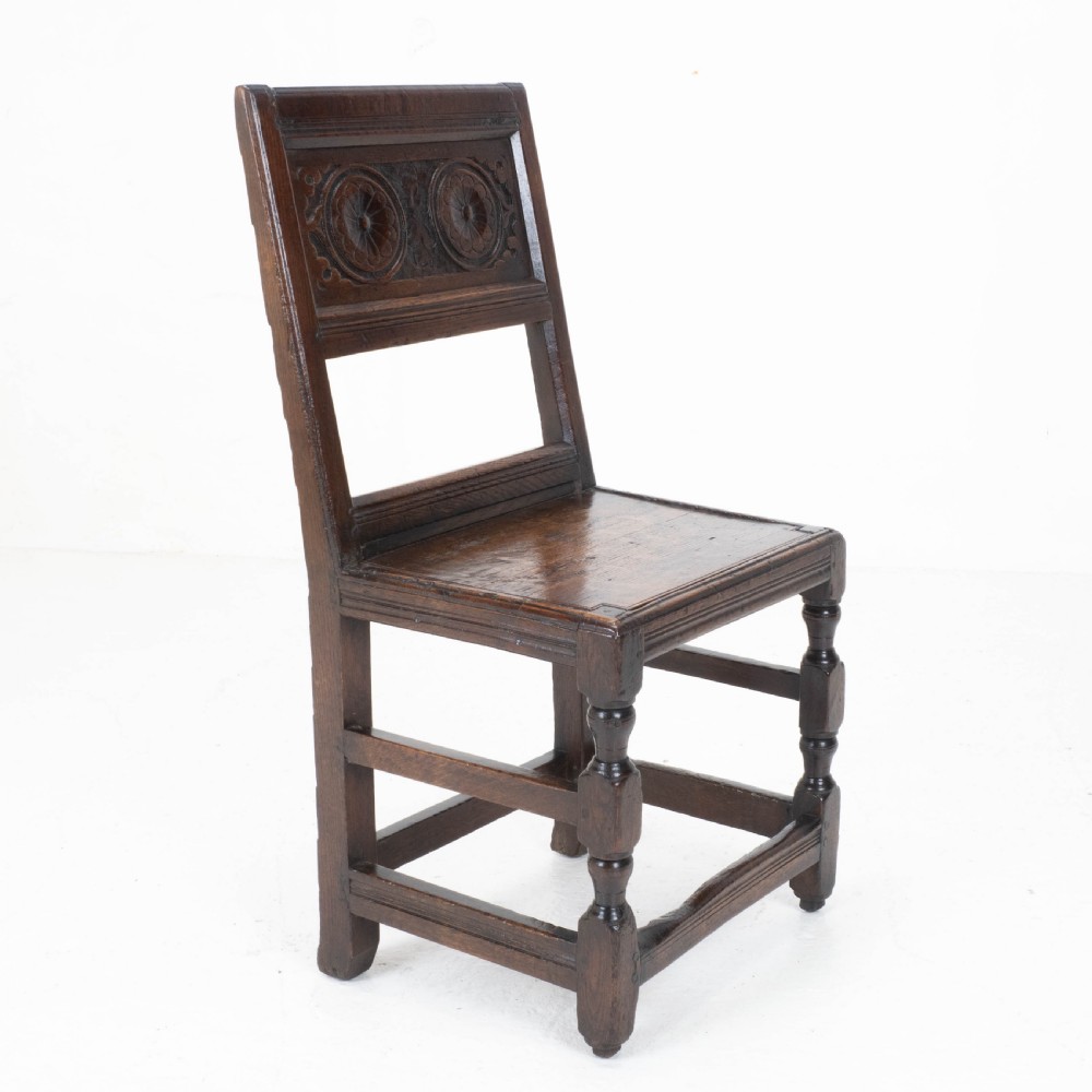 Charles I Early/Mid C17th Dark Oak Carved Panelled Back Stool / Chair (Carolean) View XVIII