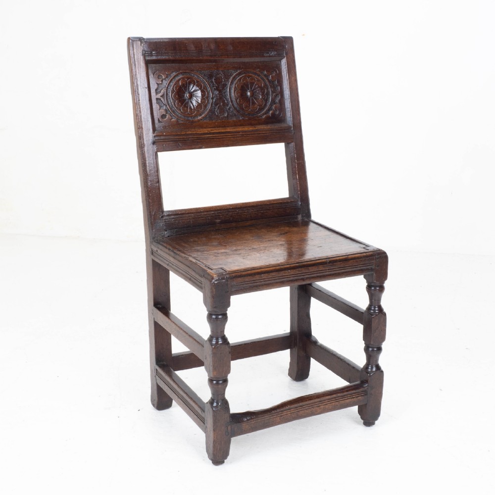 Charles I Early/Mid C17th Dark Oak Carved Panelled Back Stool / Chair (Carolean) View XIX