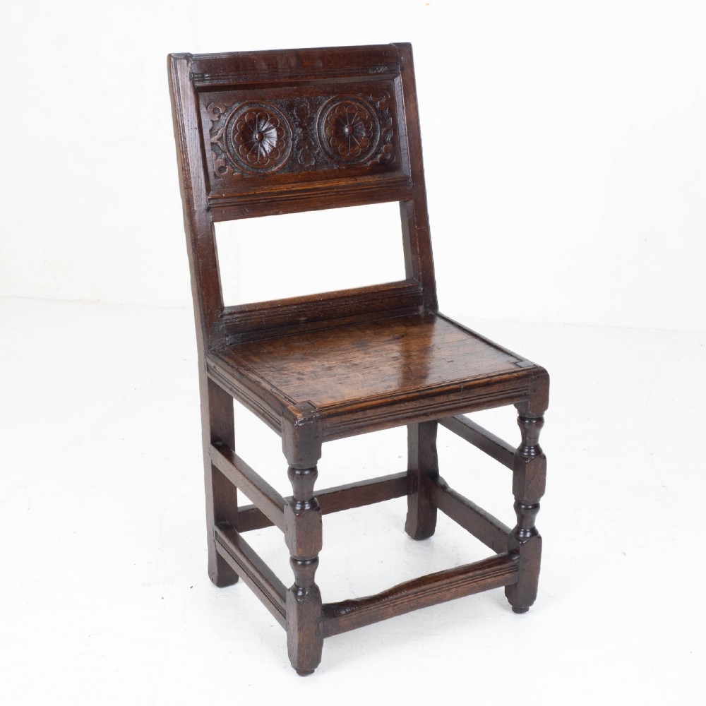 Charles I Early/Mid C17th Dark Oak Carved Panelled Back Stool / Chair (Carolean) View XX