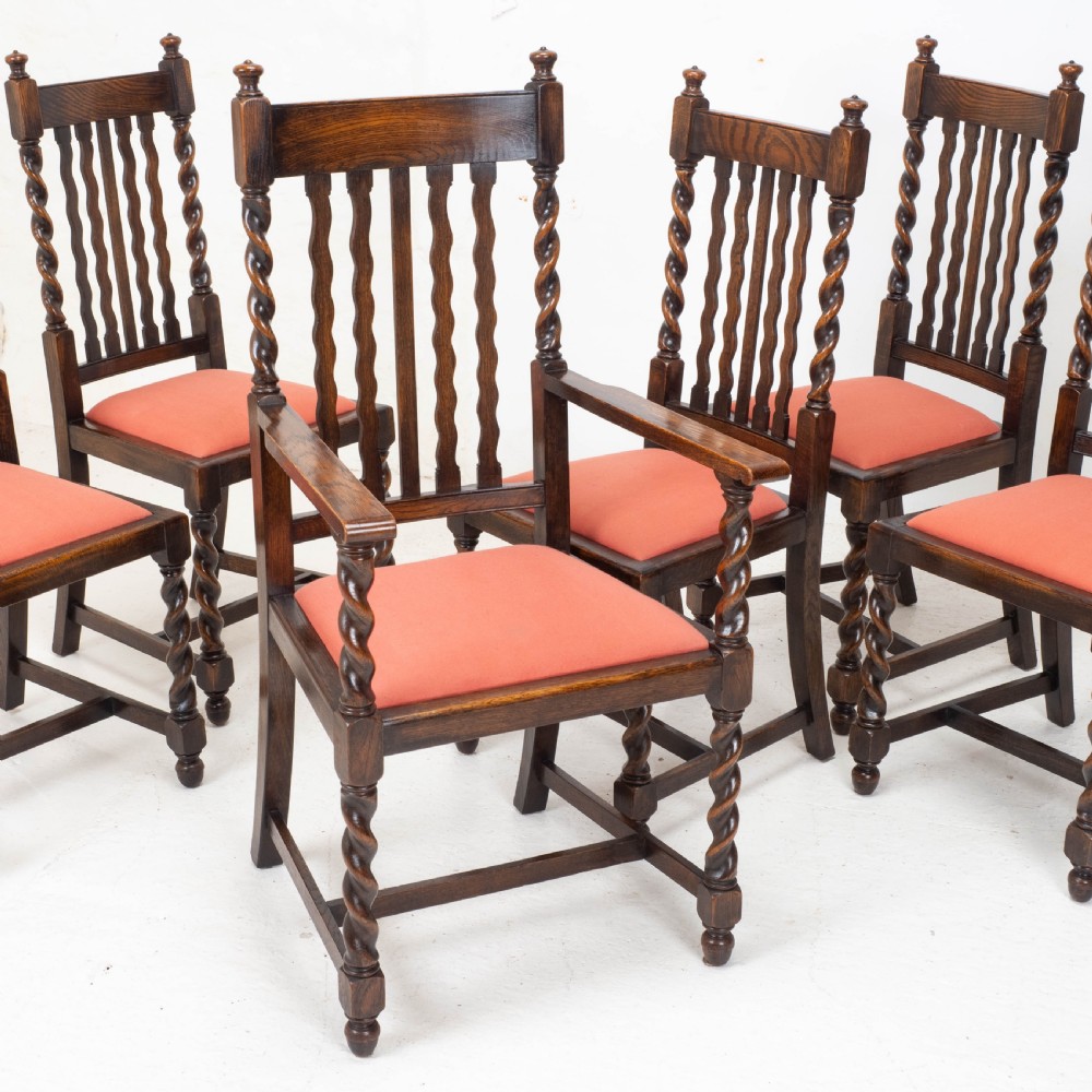 Oak Set of 6 Barley Twist Dining Chairs & Carver Denby & Spinks Leeds C1930 Jacobean Revival
