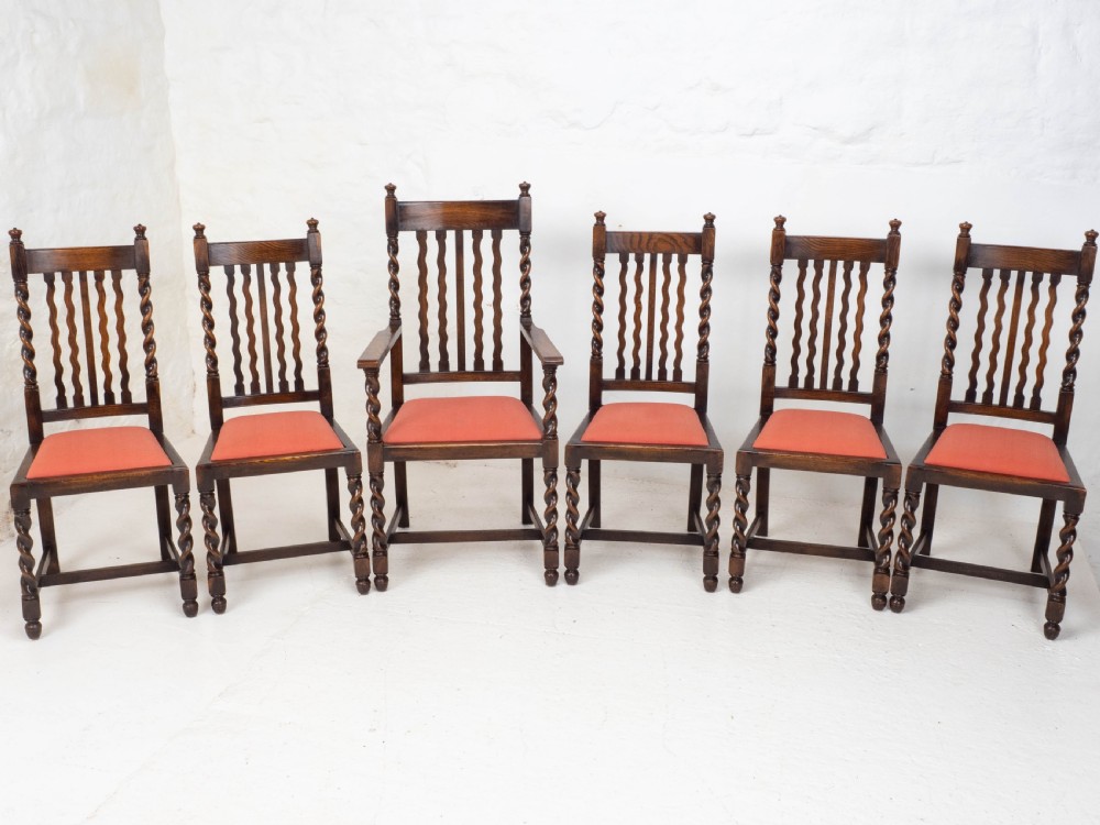 Oak Set of 6 Barley Twist Dining Chairs & Carver Denby & Spinks Leeds C1930 Jacobean Revival View III